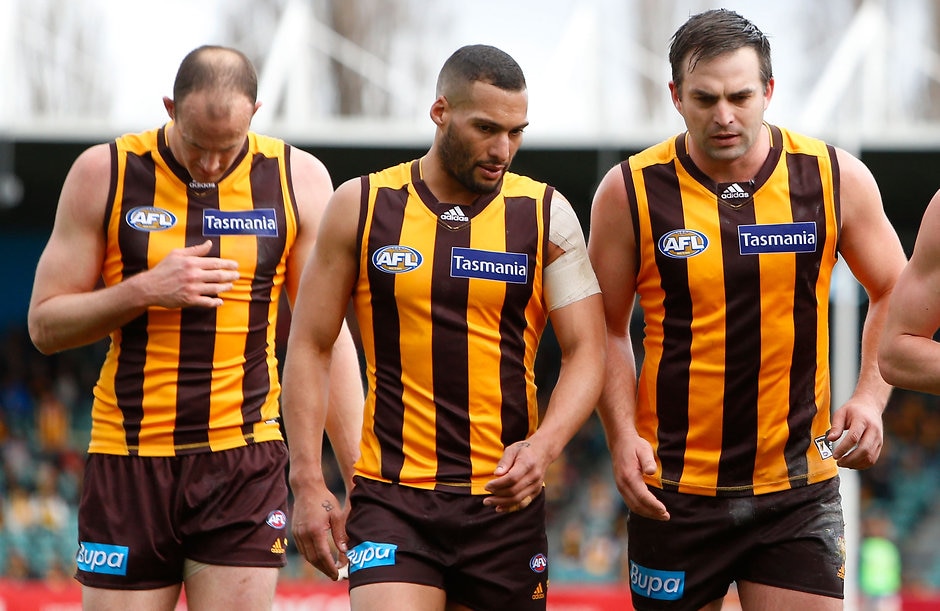 AFL 2015 Rd 22 - Hawthorn v Brisbane Josh Gibson, pictured with David Hale and Brian Lake, says he doesn't know where the former defender's retirement theory came from - ${keywords}